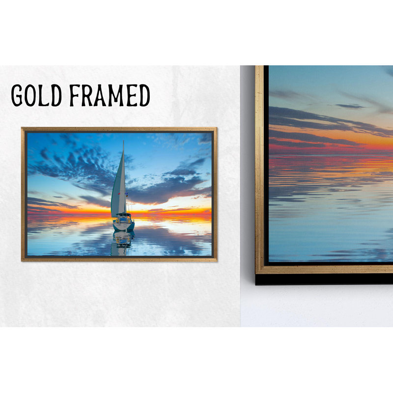 Sunset Sailing Boat Art: Modern Printed Canvas Wall Decor,1P GoldFramedCanvas, H: 19.8 x W:27.6 inches