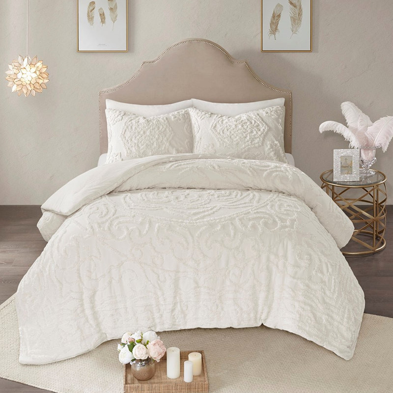 Édredon 3 médaillons en coton chenille, Édredon très grand + 2 taies décoratives, Blanc