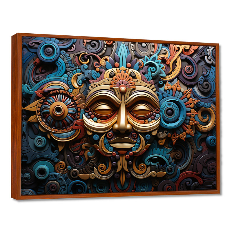 «Teal Gold Mexico Vibrant Aztec Mask I», reproduction sur toile, 24" H x 32" W, Cadre flottant brun