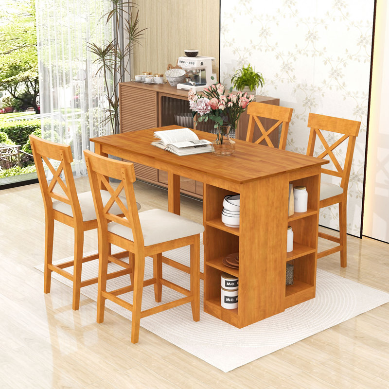 Ensemble de salle à manger 5 pièces Devra, table en bois à hauteur de comptoir avec rangement à 3 niveaux et chaises rembourrées