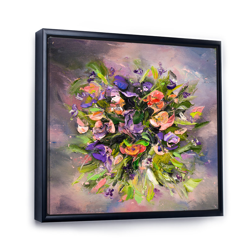 Abstrait fleurs mauves et vertes - art mural traditionnel sur toile, H 16 po x l 16 po x P 1 po