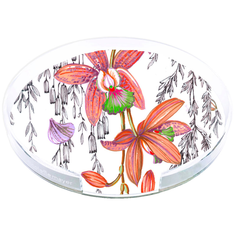 Orchid Pangea Acrylic Round Placemat Tray, Orange/Pink/Green