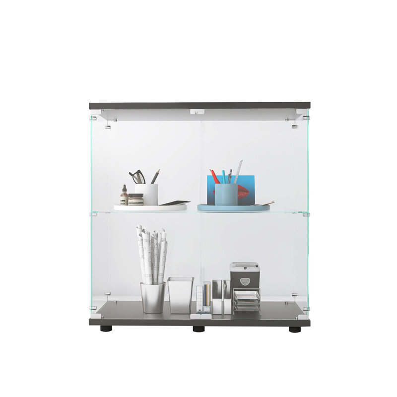 Vitrine en verre 2 couches avec 2 portes, vitrines, comptoir vitrine vitrée avec serrure, verre trempé avec base en panneau de fibres à densité moyenne