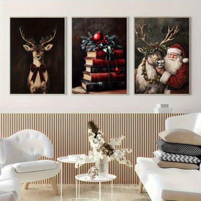 3 Piece Christmas Wall Art 16"x24" - Vintage Santa & Reindeer Framed Canvas Print, Waterproof Holiday Decor for Living Room Bedroom Party Decoration