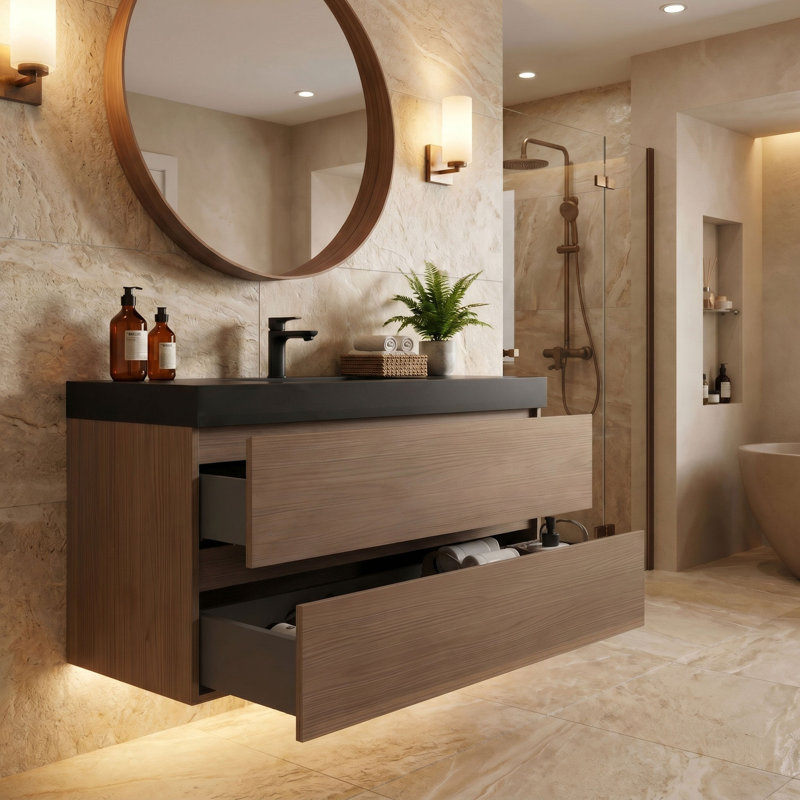 Meuble-lavabo mural simple avec comptoir en quartz et trop-plein, Noir mat, 36", Brown Walnut