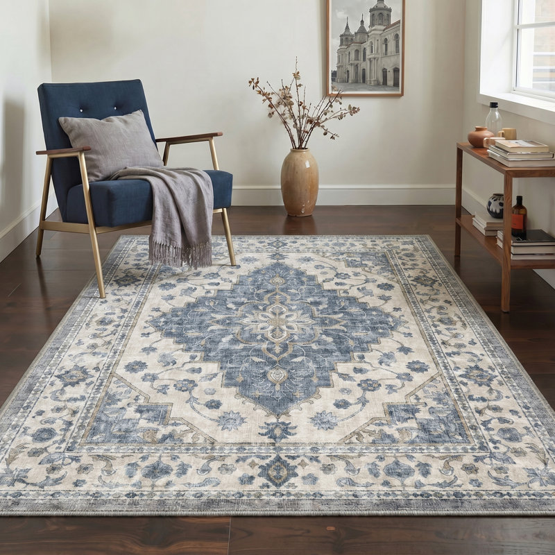 Medallia Vintage Blue / Beige Indoor Floral Area Rug,Machine Washable,with Non-Slip Backing, Rectangle 9' x 12'