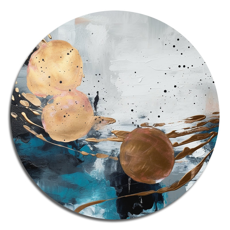 Marbre doré et vert audacieux - art abstrait rond en marbre sur métal, H 36 po x l 36 po x P 1 po