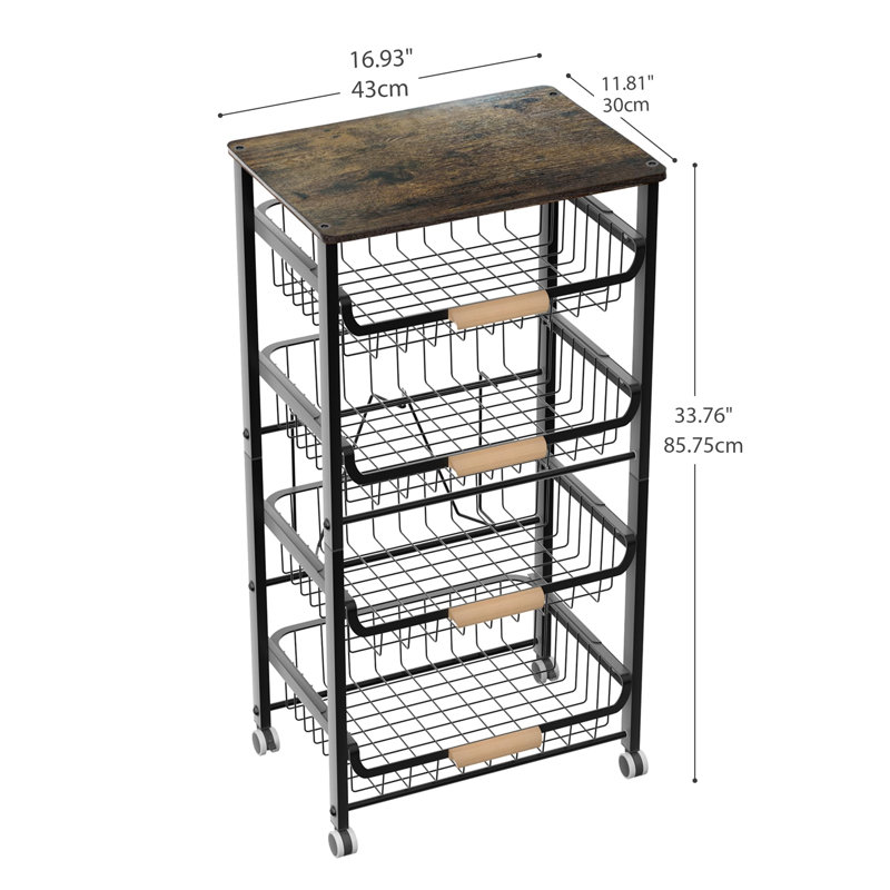 Fruit Basket for Kitchen, 4-5Tier Slide Out Metal Storage Baskets Carts Organizers Drawers with Wood Top and Handle with Rolling Wheels for Snacks Vegetables