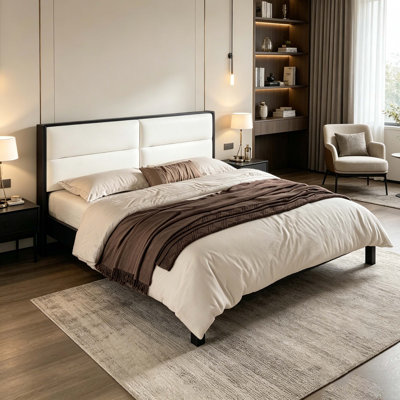 King Size Solid Wood Platform Bed with Beige Velvet Upholstered Headboard, Black Finish, No Box Spring Needed, 600lbs Capacity