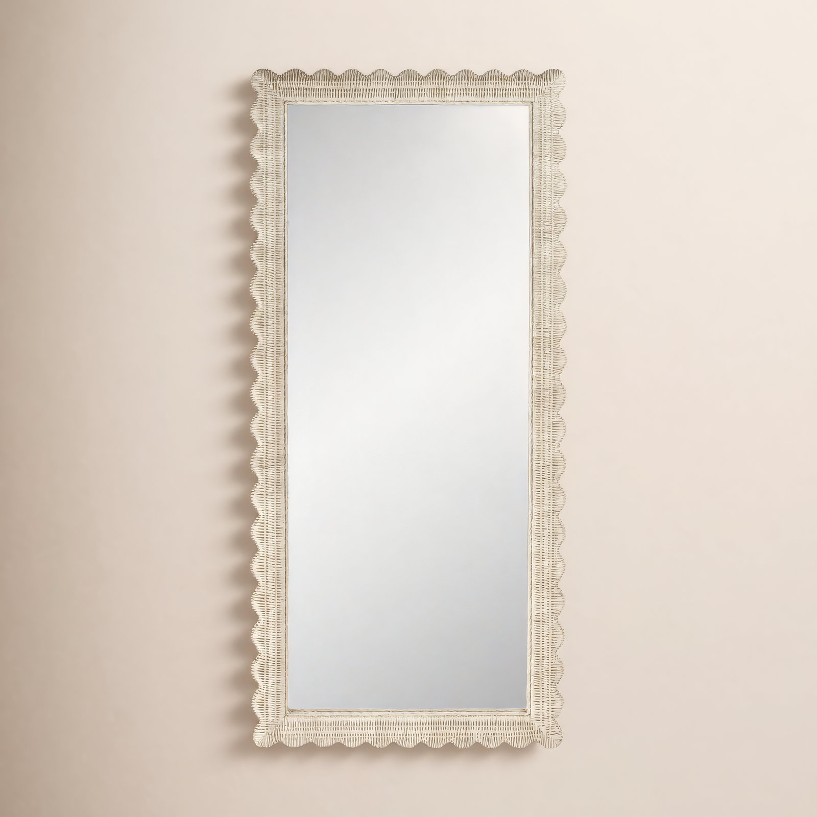 Lacie Scalloped Rattan Floor Mirror, Off-White