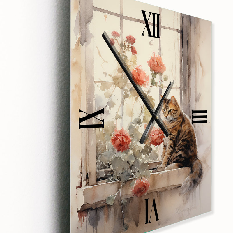Horloge murale moderne avec un chat brun assis sur une fenêtre, Très grand