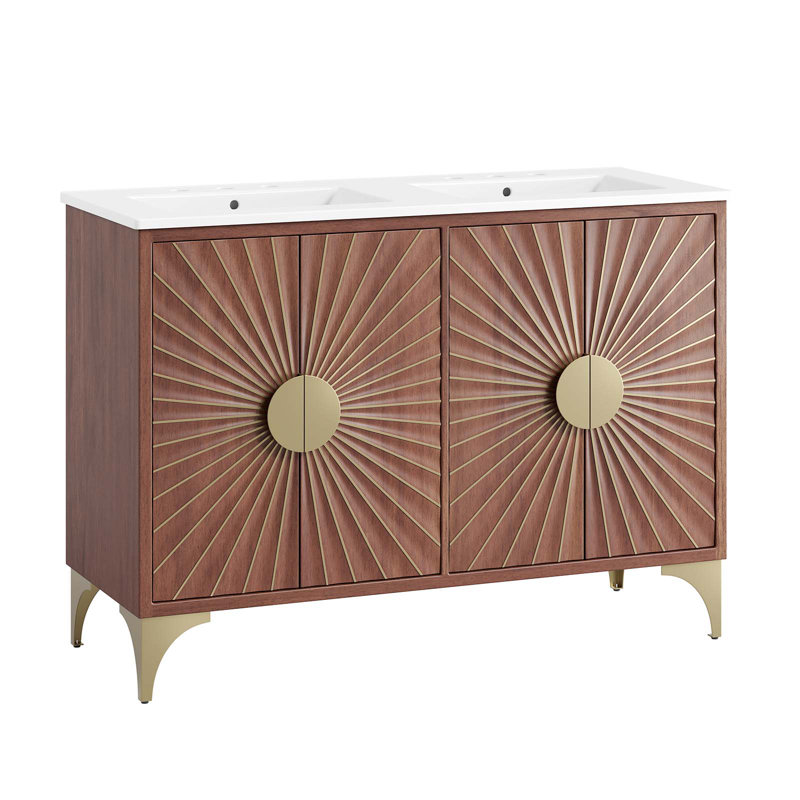 Daylight 48" Double Sink White Walnut Bathroom Vanity with Brass Base