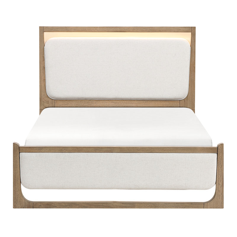 Contemporary Brown Upholstered Queen Bed With Touch - Controlled Led And Wood, Bedroom Retreat Modern Lighting Rails, Ideal For