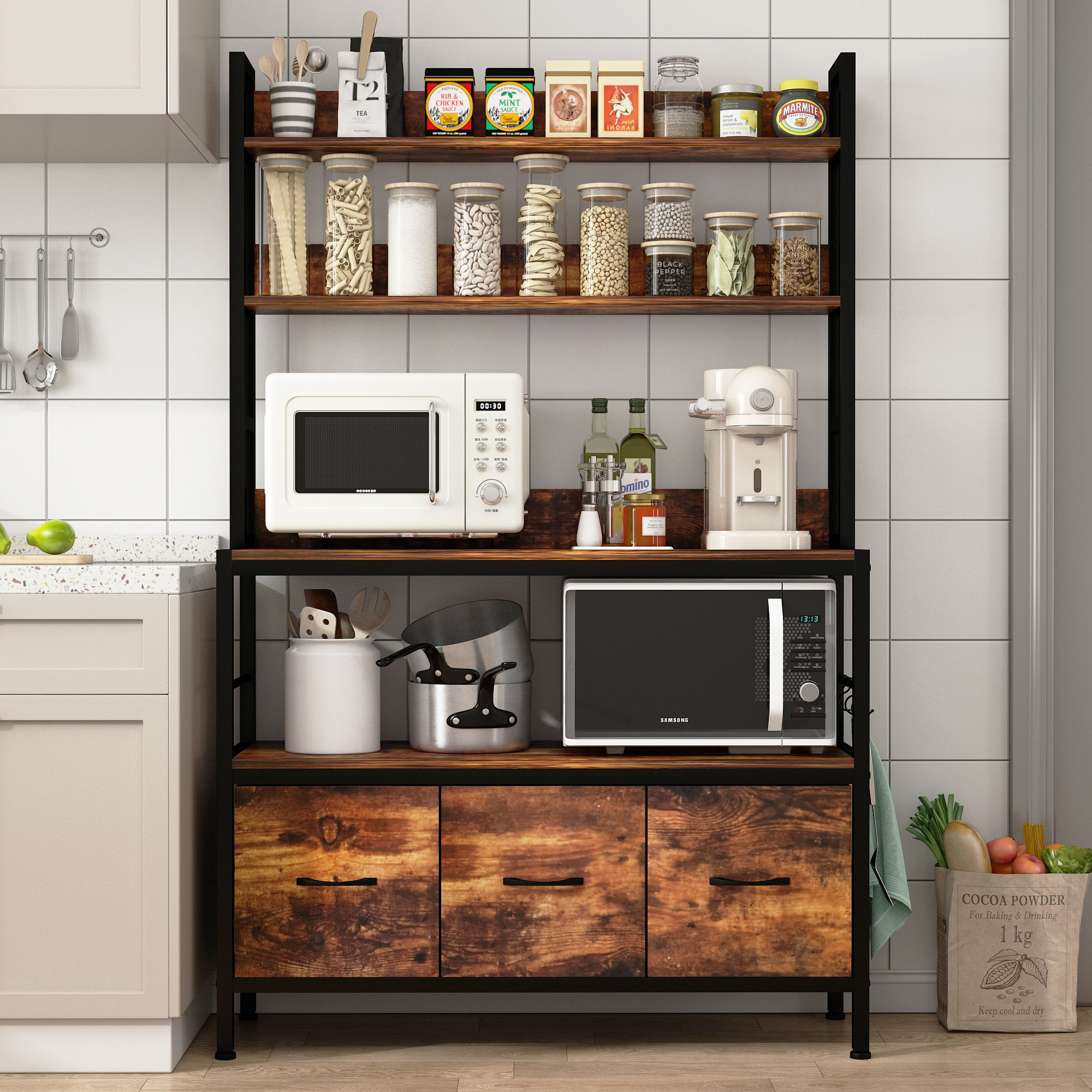 17 Stories Kitchen Bakers Rack With 4 Fabric Drawes And Microwave ...