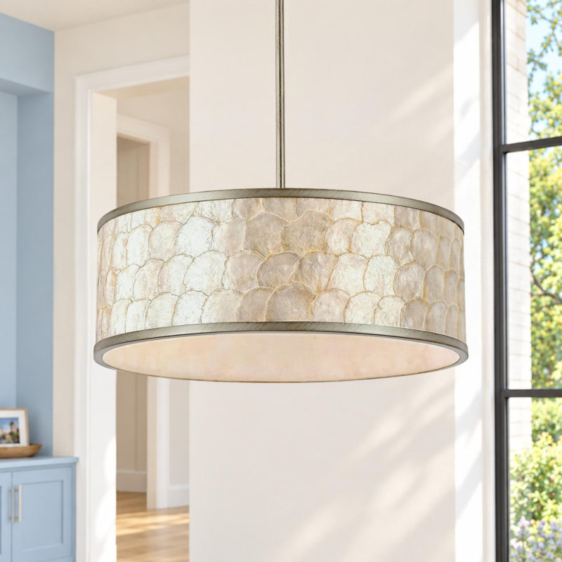 22" 5-Light Capiz Shell Drum Chandelier, Antique Gold