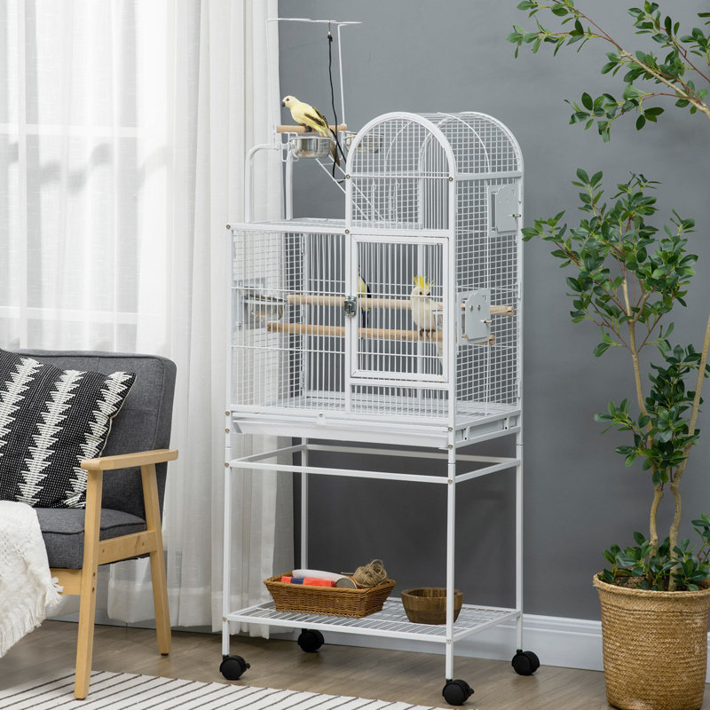Cage à perroquet de 55 po, acier blanc, crochets, perchoirs, gobelets, support roulant pour cage à perroquets, amalgame