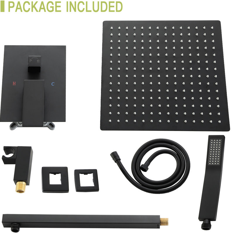 Système de douche double - carré 12 po, noir mat, pomme de douche noire polyvalente, forme carrée, fixation murale, Noir mat
