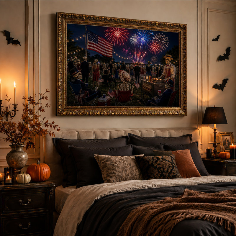 Des squelettes rassemblés sous le drapeau américain regardent Halloween - Toile murale, 20"H x 30"W
