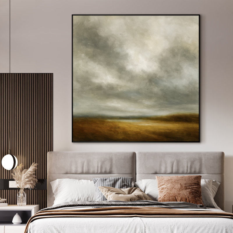Extra Large Wall Art Fabric Print - Dramatic Cloudy Landscape Neutral Beige and Gray Vintage Artwork Decor for Living Room or Bedroom - "Frame Assembly Required (Unfinished Frame)"