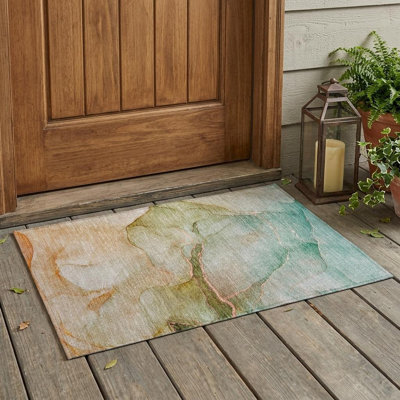2' X 3' Teal Abstract Washable Non Skid Indoor Outdoor Area Rug