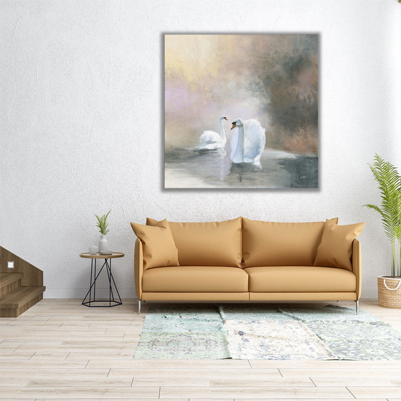 Swans in Mist - reproduction d'art sur toile, H 16 po x l 16 po