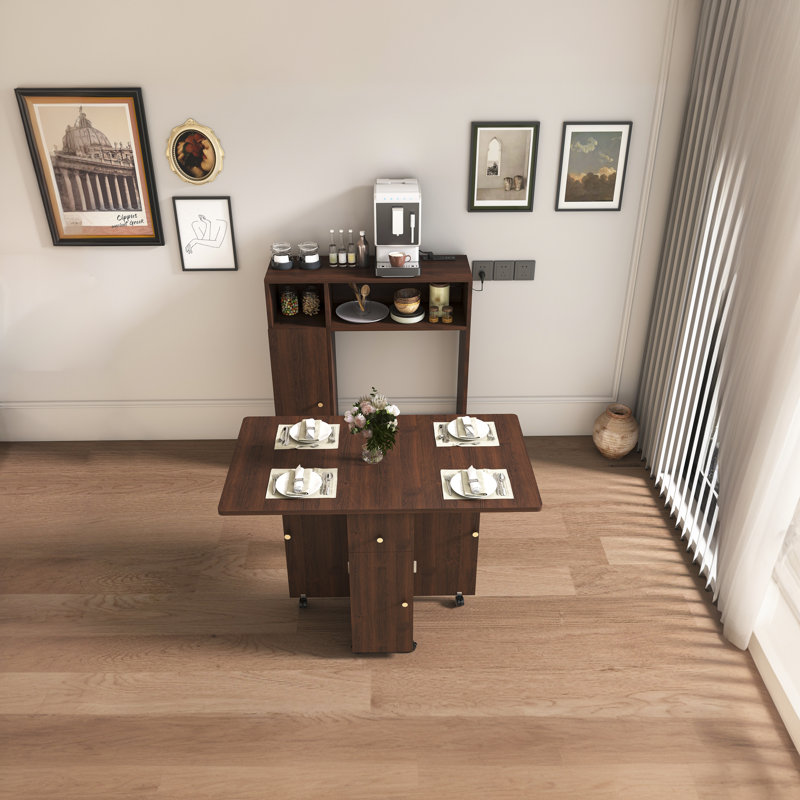 Multifunctional Folding Dining Table With Wall Mounted Sideboard And Storage Cabinet, Walnut