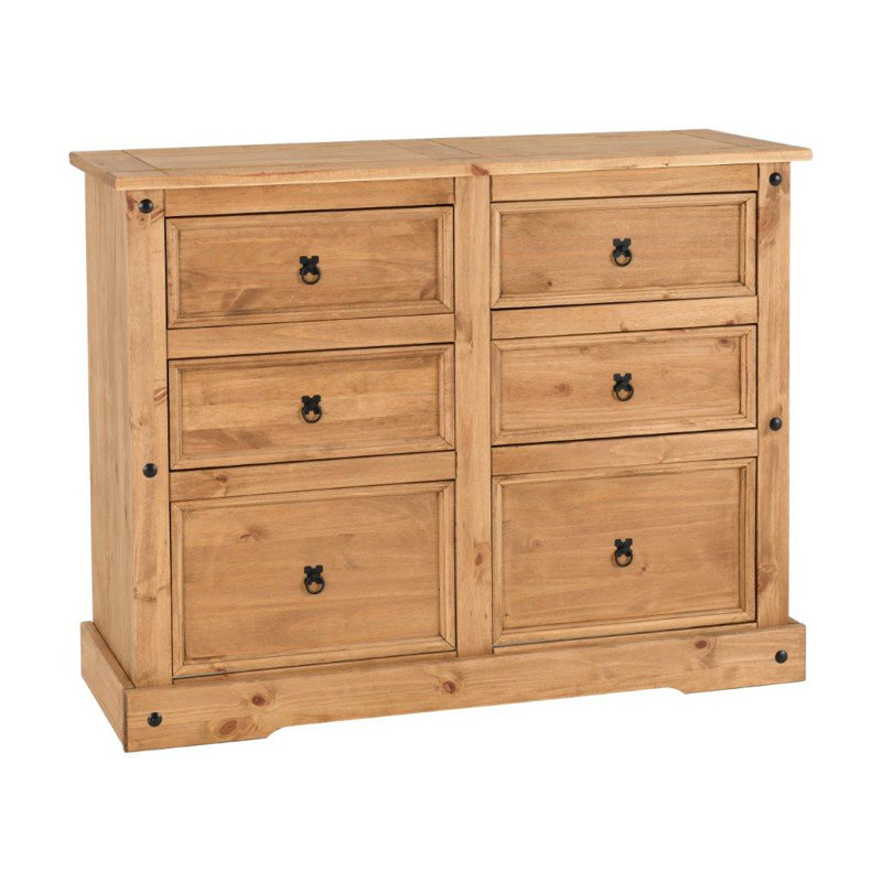 Enye Farmhouse 6 Drawer Double Dresser For Bedroom, Chest Pine Wood Rustic Style