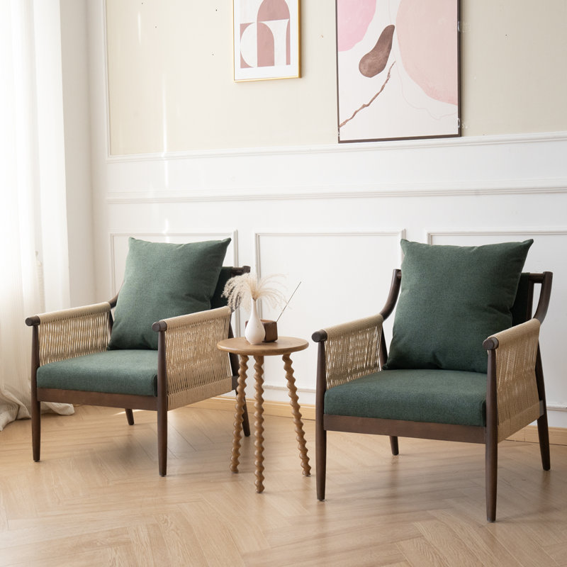Fauteuil d'appoint moderne rembourré avec tissage en corde de papier, tissu de lin vert, Green 