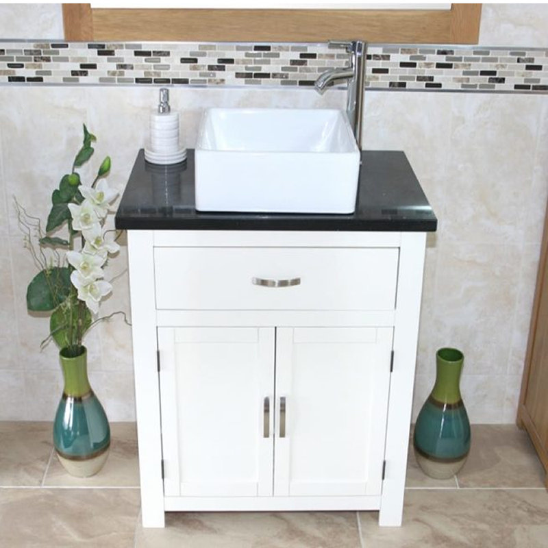 Robeson 750 mm Freestanding Single Vanity with Vessel Ceramic Basin, White, Black Quartz