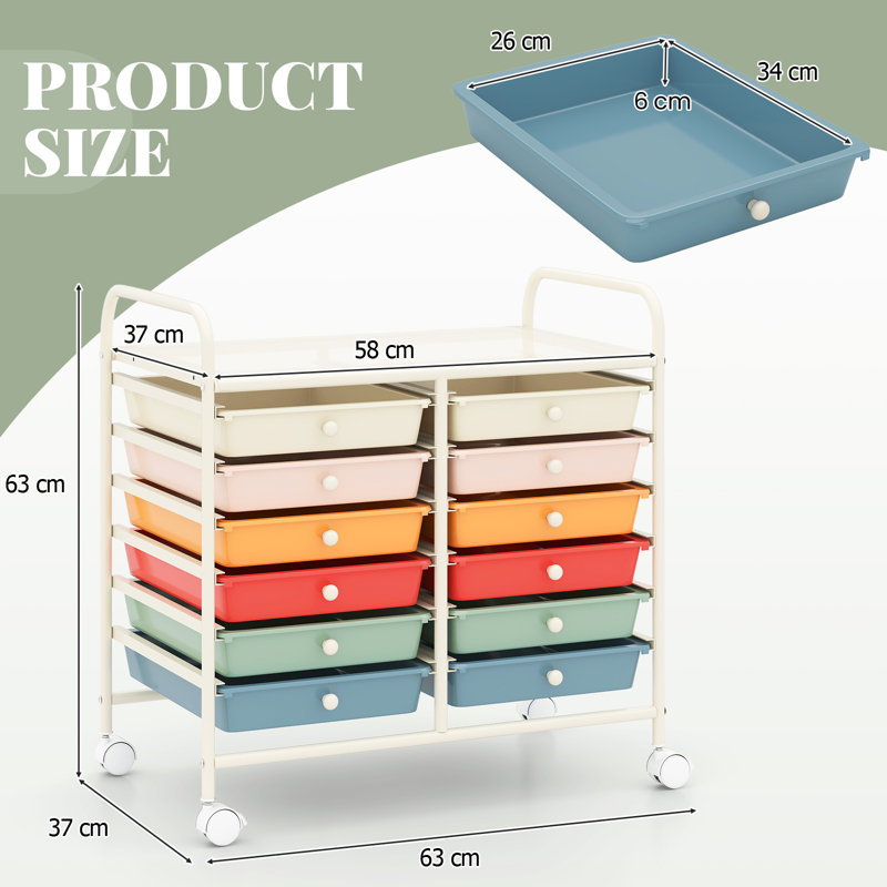 12 Drawer Storage Drawer, Pink/Teal/Orange/Red/White/Blue