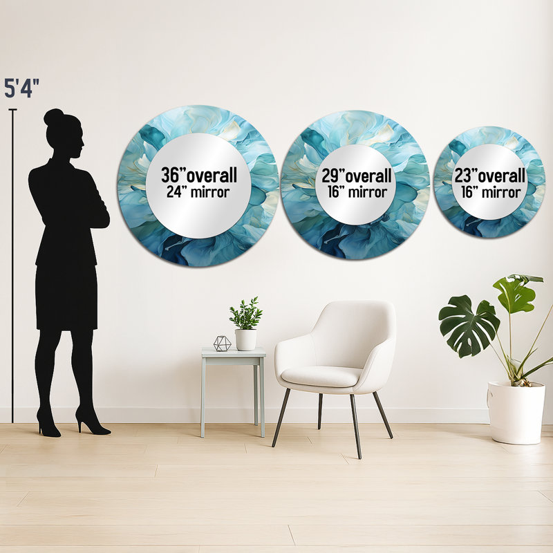Aqua Blue And White Serenity Swirl IV - Abstract Spirals Round Mirror Wall Decor, 36 po x 36 po