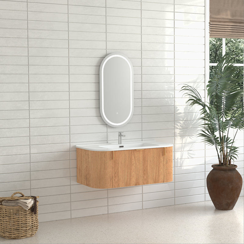 Meuble-lavabo de 36 po avec 2 tiroirs latéraux, meuble-lavabo mural en bois massif avec bordures courbes et courbes, lavabo en céramique blanc sans robinet, pré-assemblé, couleur noyer