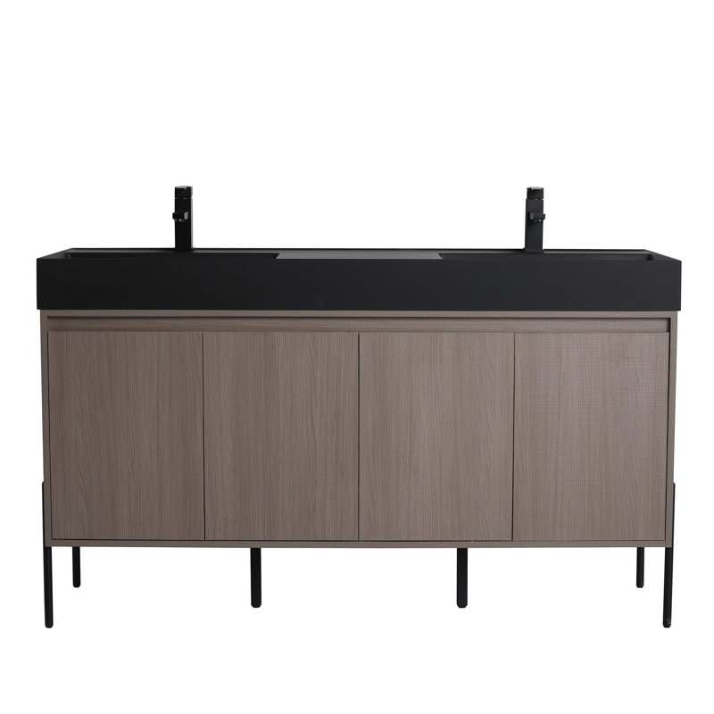 Meuble-lavabo double 60 po Ebord Designs Yordana Ebern Designs, Noir, noir, noir, noir, Chêne gris