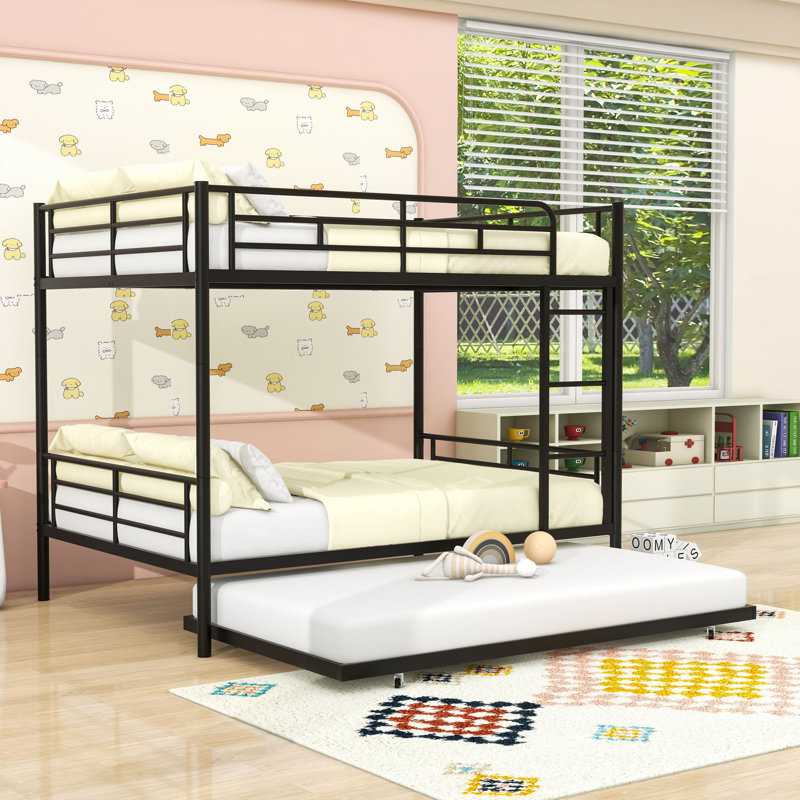 Metal Bunk Bed With Twin Trundle and Ladder, Black, Full over Full