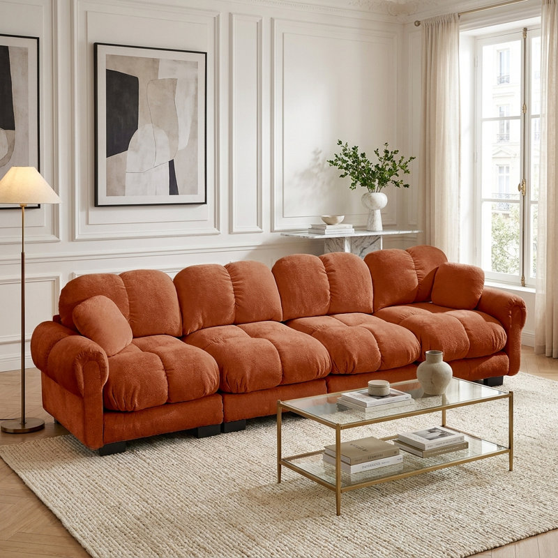 Ensemble de canapé modulaire surdimensionné en chenille avec coussins, terre cuite orange, Canapé seulement