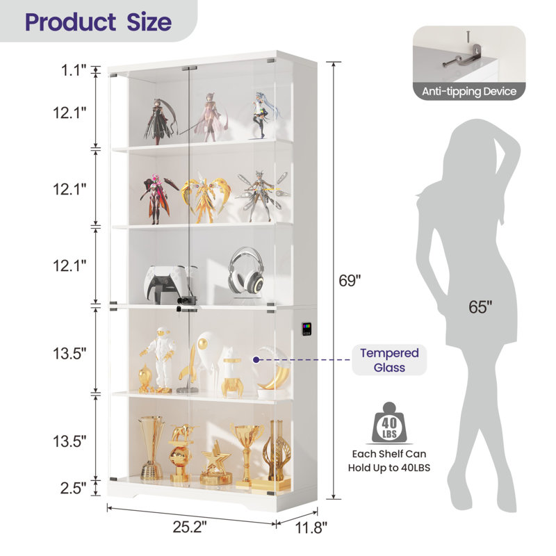 69" H Display Cabinet With Glass Doors,5-Tier Storage Cabinet With Rgb Light& Human Body Sensor, White