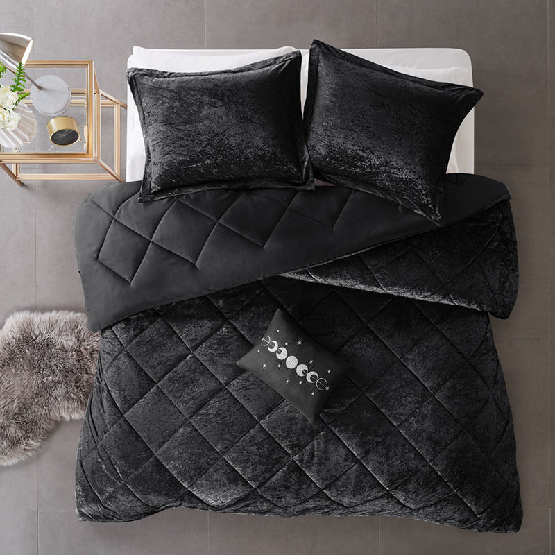 Édredon luxueux en velours noir pour très grand / très grand lit, Édredon de très grand lit et 4 pièces additionn, Noir