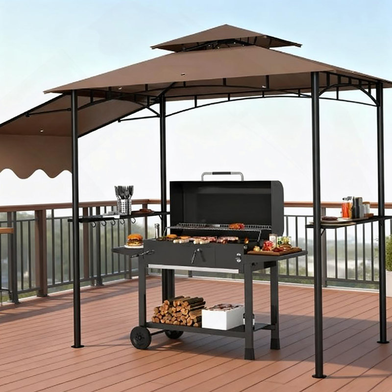 Ventilated Barbecue Gazebo Shelter,Outdoor Grill Gazebo,With Side Awning,Side Shelves And Hooks, Light Brown