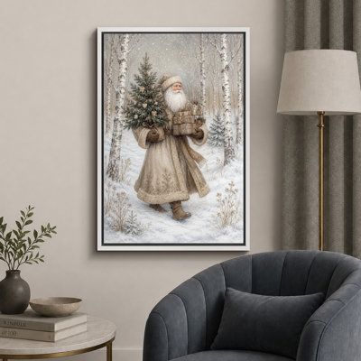 «Vintage Santa Christmas Woodland», reproduction d'art sur toile encadrée, impression sur toile