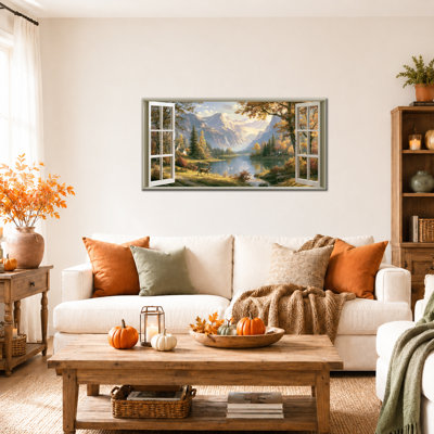  Automne, art mural, fenêtre, vue, automne, lac, toile, campagne rustique, peinture, feuilles d'érable rétro, fenêtre ouverte sereine, impressions encadrées pour le salon, l'Action de grâce, 12 po x 24 po