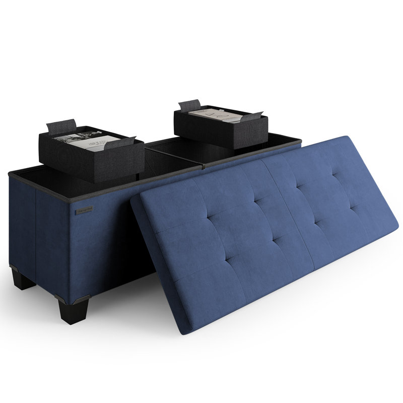 Banc repose-pieds en velours avec rangement amovible Nestl, H 15 po x l 43 po x P 15 po, Bleu