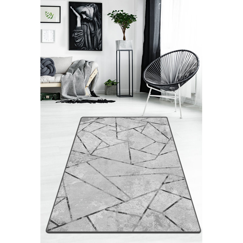 Antibacterial Non-Slip Area Rug, Grey, 6.6 x 9.5 Feet | 100% Polyester, Pile Height: 0.2 Inches, Total Thickness: 0.4 Inches | Machine Washable, Felt Dot Underside, Durable & Easy to Clean for Home Decor