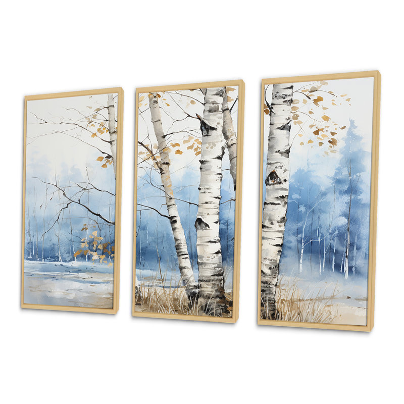 «White Birch Trees Forest Winter Scenery II», ensemble d'art sur toile de bouleau, Cadre naturel flottant