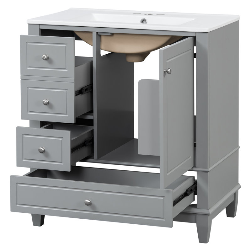 Meuble-lavabo avec lavabo, une porte avec tablette et trois tiroirs Vaimi, Gris