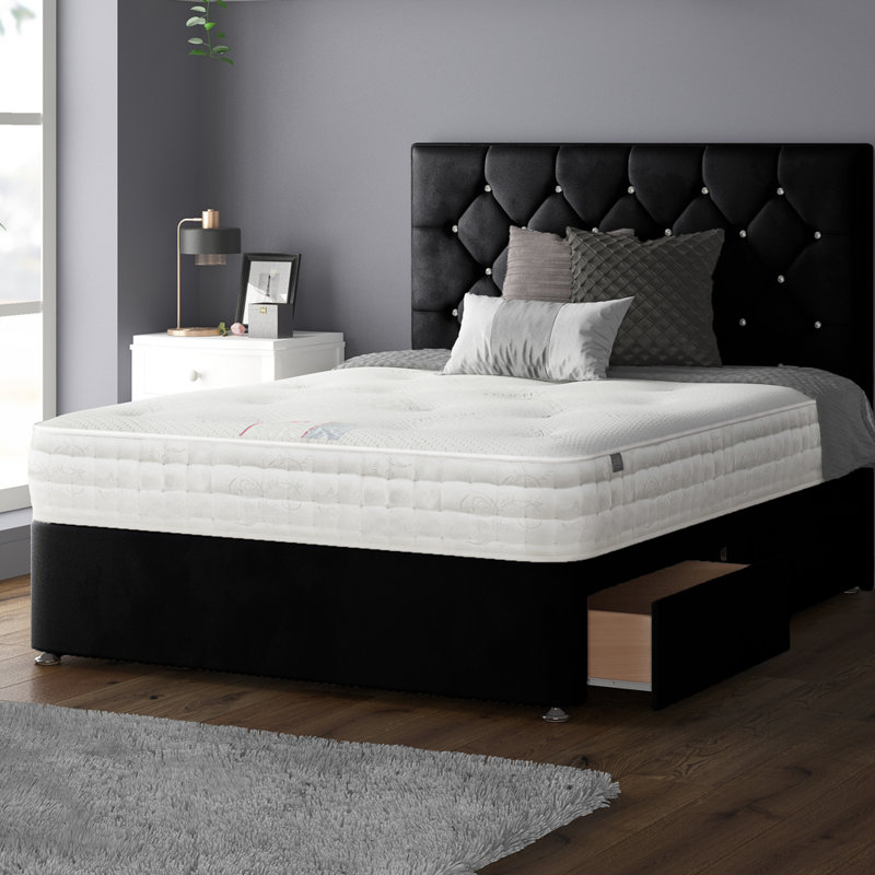 Eberhardt Upholstered UK Double - DE 135 X 190 Cm Divan Bed, Black, Double (4'6), 2 Foot-end Drawers