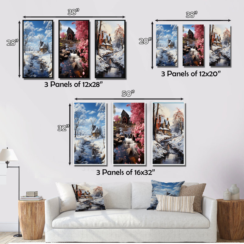 «White Milling In The Winter», 3 pièces sur toile, Toile tendue, H 32 po x l 48 po
