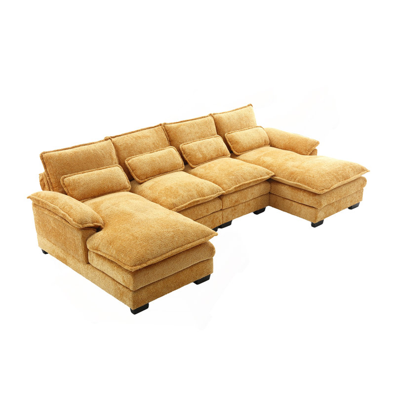 Modern Large Chenille Fabric U-Shape Sectional Sofa, Mustard Yellow Boucle