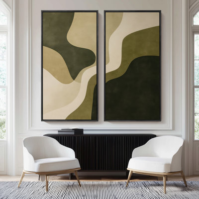 Olive Green Earthy Flow Abstract for Office - Set of 2 Framed Wall Art Print on Canvas 60"x30"x2pcs