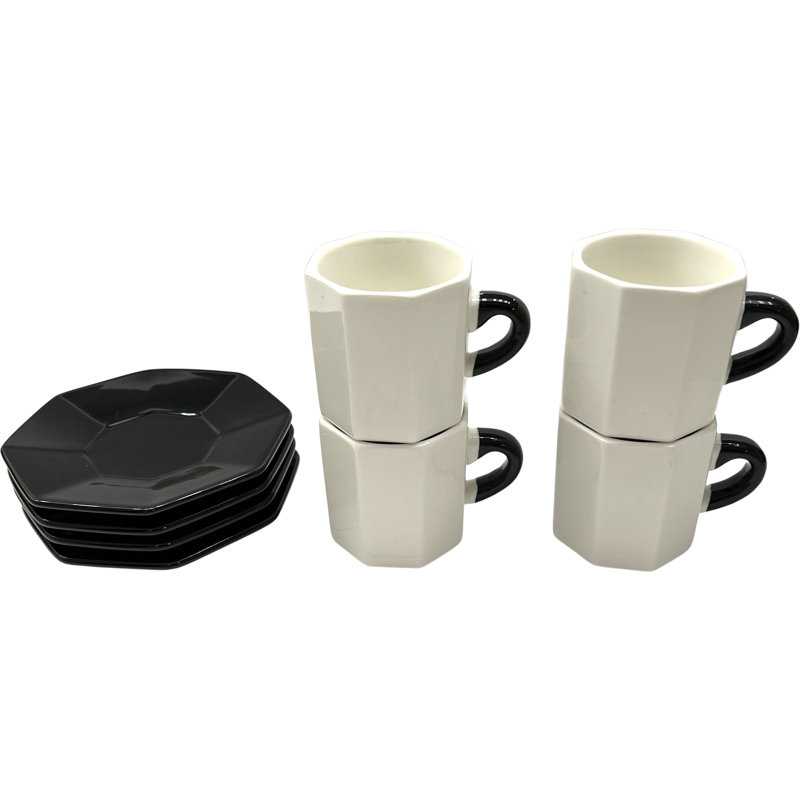 Bacimi White and Black Ceramic Espresso Cups with Saucers, 2.7oz
