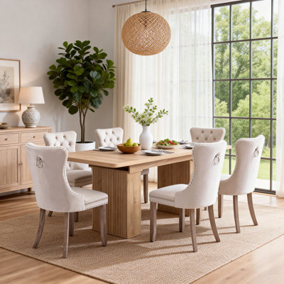 Ensemble de salle à manger extensible de style campagnard 7 pièces avec 6 chaises rembourrées, table de cuisine en bois de 160 à 200 cm avec piètement cannelé, ensemble de 6 chaises pour salle à manger peu encombrante